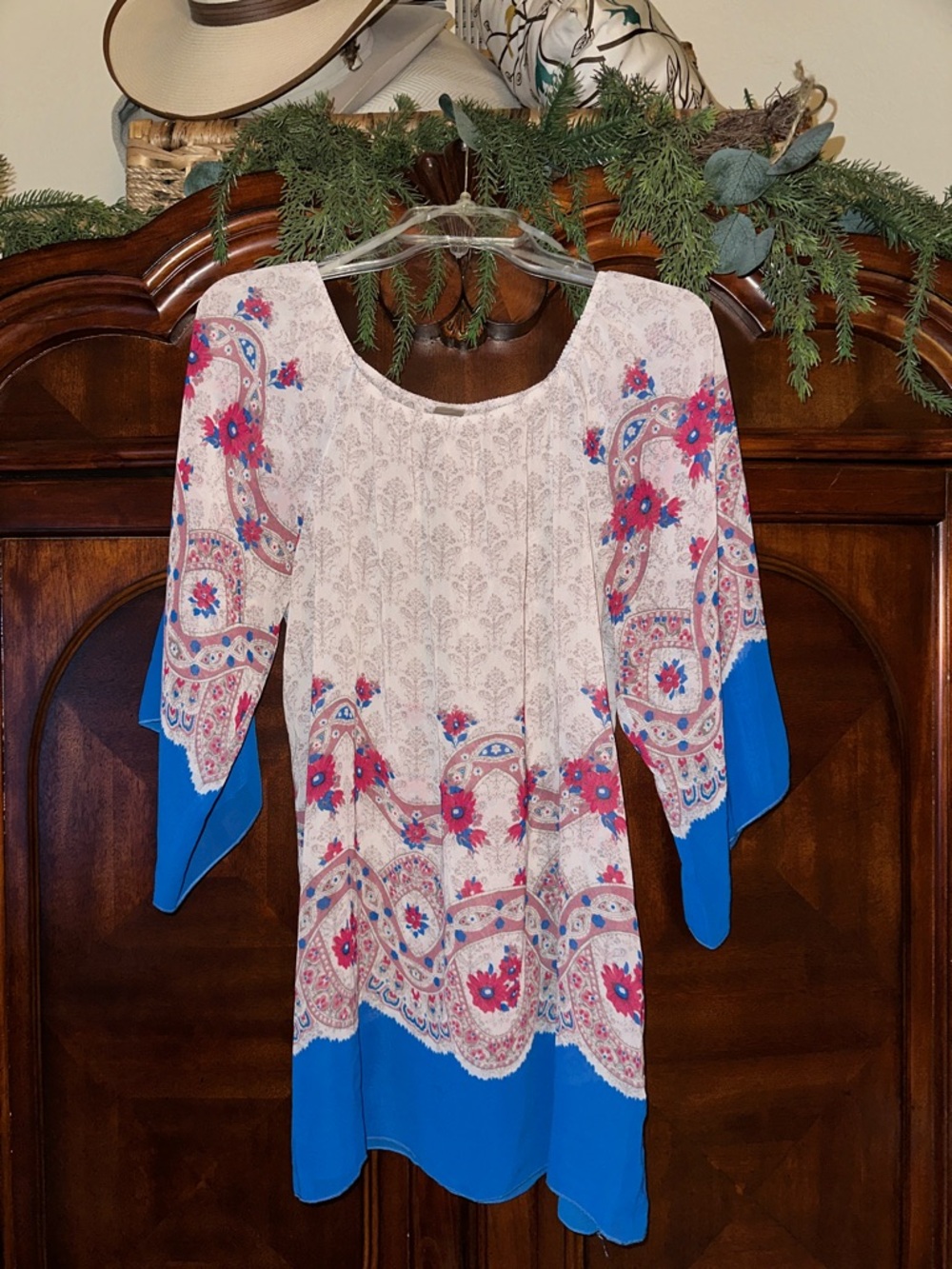 Sheer Boho Floral Ivory & Blue Tunic Top with Bell Sleeves